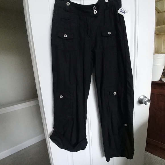 Linen /rayon blend cargo style black cropped pants - Picture 5 of 8